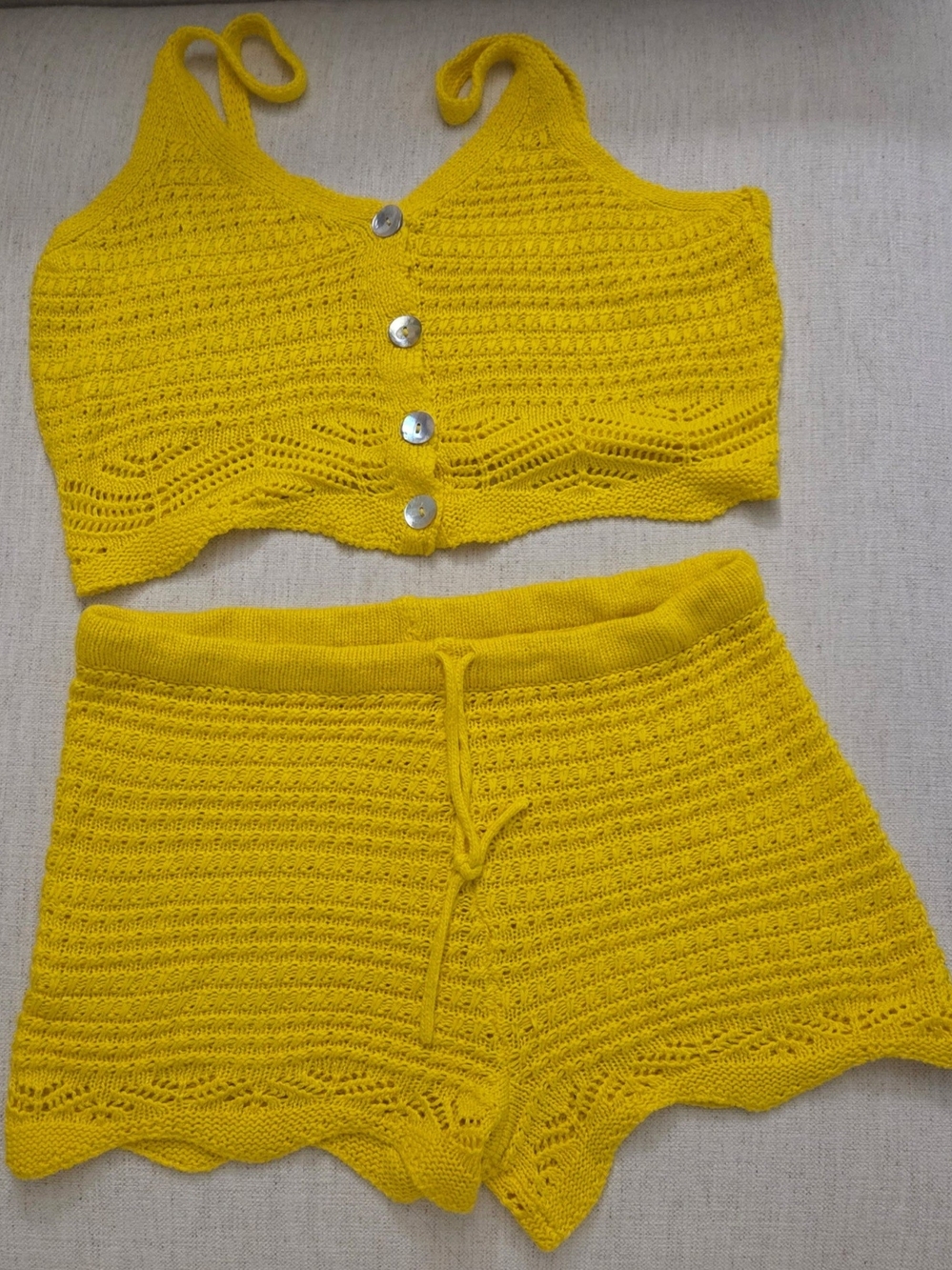 Yellow Knit Cropped Tank & Shorts Set Summer Lounge Set. Size XL. PS-0005